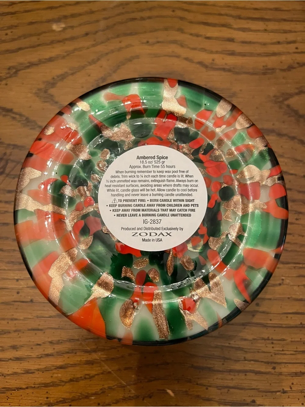 Zodax Spangled Glass Ambered Spice Scented Candle - Red, Green & Gold